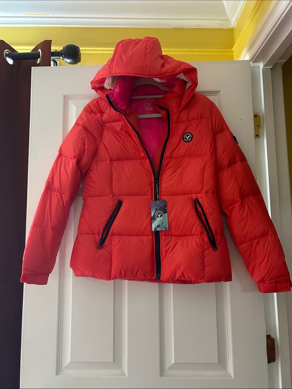 American Eagle Outfitters Red Quilted Puffer Jacket with Hood